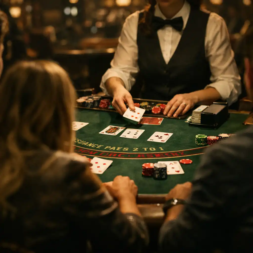 Gracze widziani od tyłu przy stole do blackjacka w przyciemnionym kasynie, krupier rozdaje karty