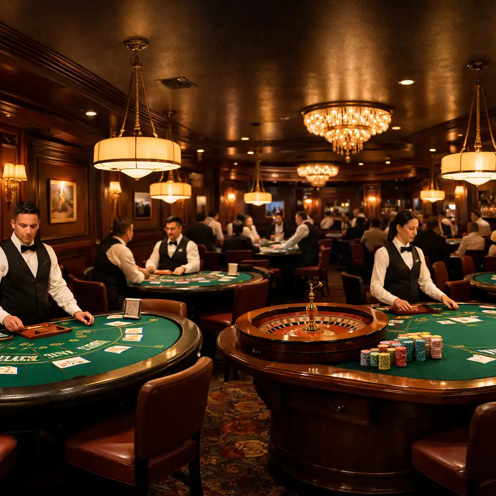 Sala kasyna Stolmelqor ze stołami do blackjacka, ruletki i pokera oraz krupierami w eleganckich uniformach