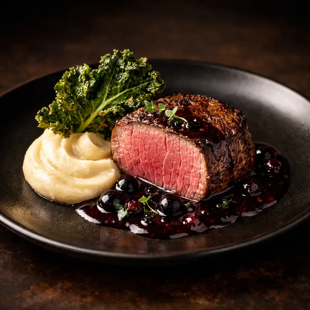 Polędwica wołowa sous-vide z puree z selera, chipsem z jarmużu i sosem z czarnej porzeczki