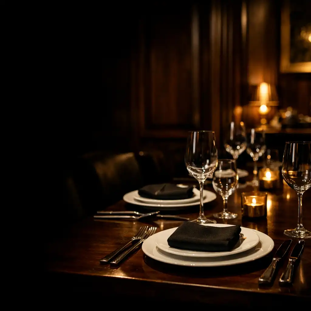 Elegancko nakryty stół w ciemnej restauracji Stolmelqor z ciepłym oświetleniem i złotymi akcentami