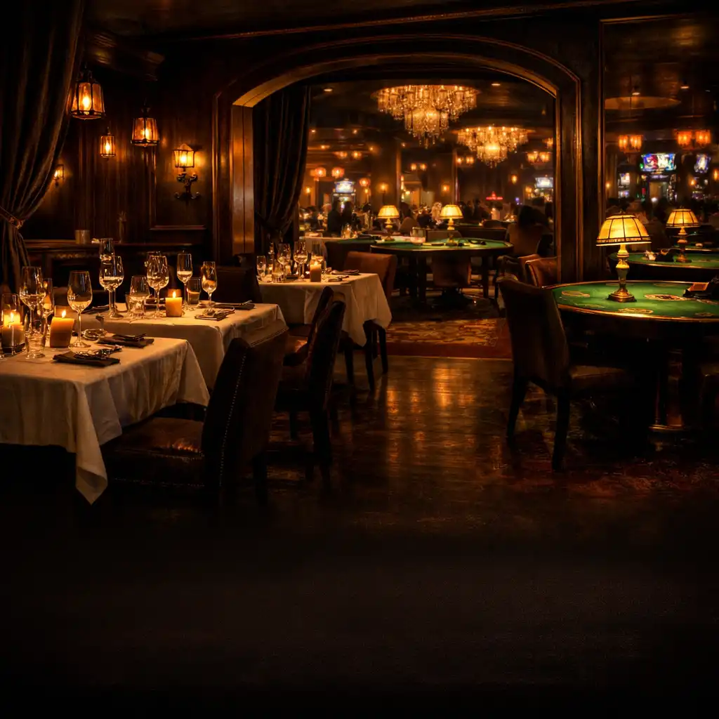 Ciemne, eleganckie wnętrze restauracji Stolmelqor z widokiem na przejście do sali kasyna