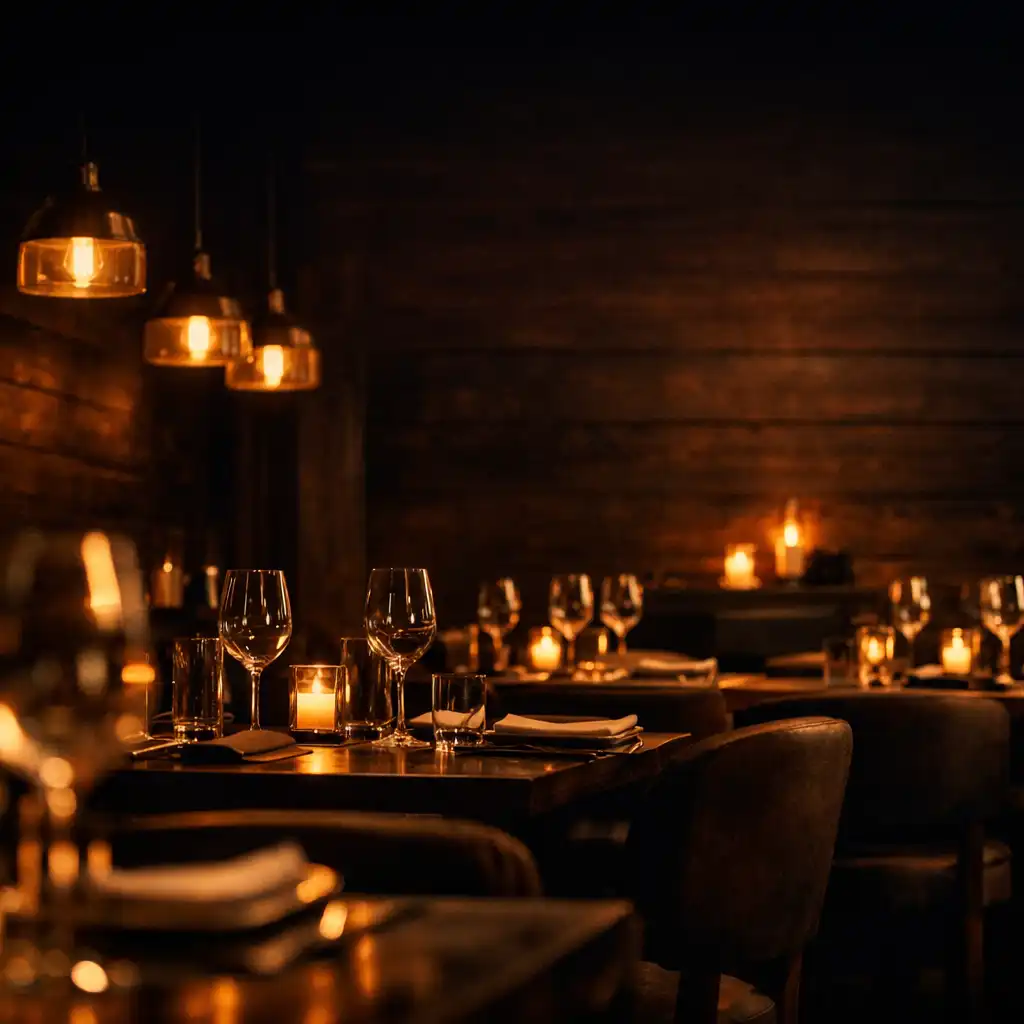 Ciemne, nastrojowe wnętrze restauracji Stolmelqor z drewnianymi ścianami i ciepłym oświetleniem